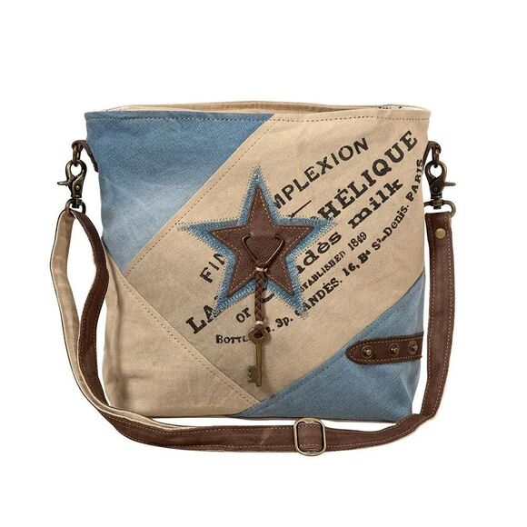 Myra Bag Handmade Blue Star Messenger Bag Upcycled Canvas & Cowhide Leather - Picture 2 of 15